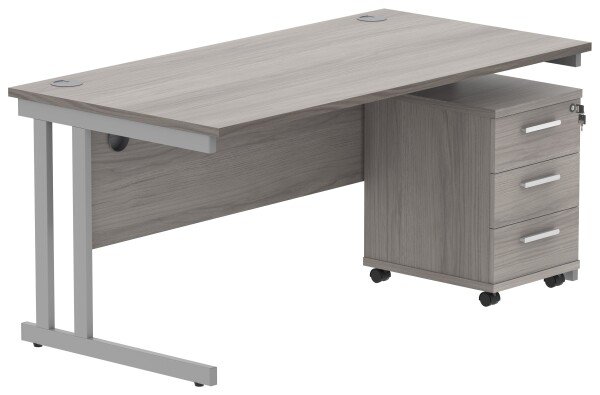 Gala Rectangular Desk - 1600mm x 800mm & 3 Drawer Mobile Under Desk Pedestal - Alaskan Grey Oak