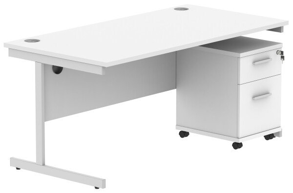 Gala Rectangular Desk - 1600mm x 800mm & 2 Drawer Mobile Under Desk Pedestal - Arctic White
