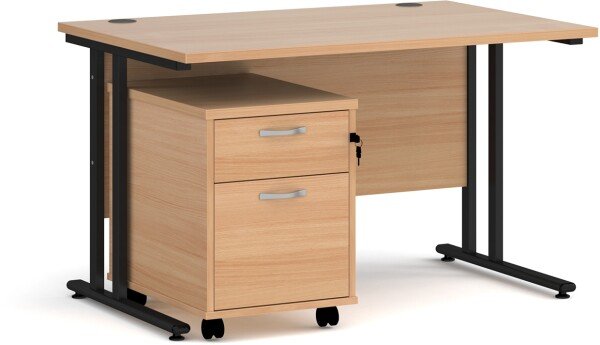 Dams Maestro 25 Rectangular Desk with Twin Canitlever Legs and 2 Drawer Mobile Pedestal - 1200 x 800mm - Beech