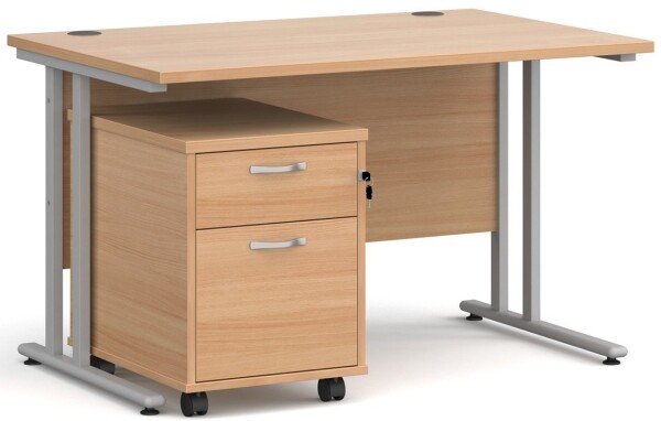 Dams Maestro 25 Rectangular Desk with Twin Canitlever Legs and 2 Drawer Mobile Pedestal - 1200 x 800mm - Beech