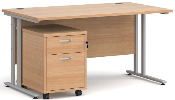 Dams Maestro 25 Rectangular Desk with Twin Canitlever Legs and 2 Drawer Mobile Pedestal - 1400 x 800mm - Beech
