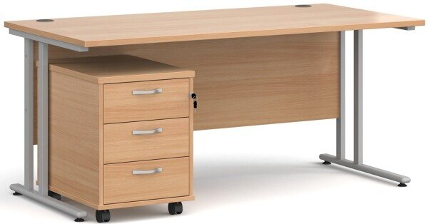 Dams Maestro 25 Rectangular Desk with Twin Canitlever Legs and 3 Drawer Mobile Pedestal - 1600 x 800mm - Beech