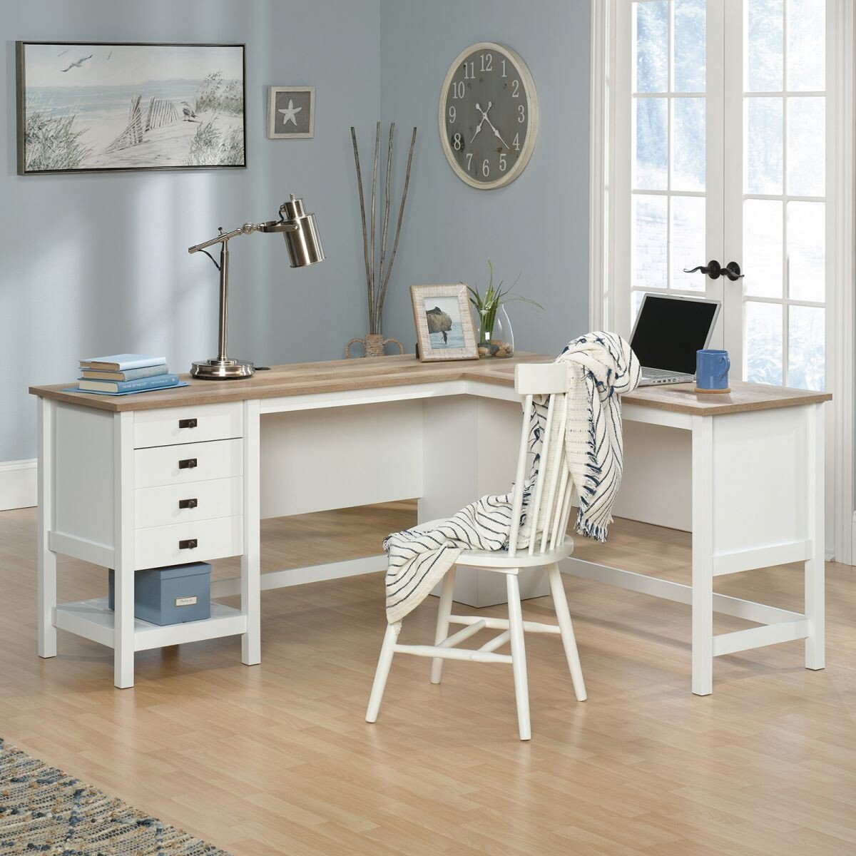 white l-shaped desk
