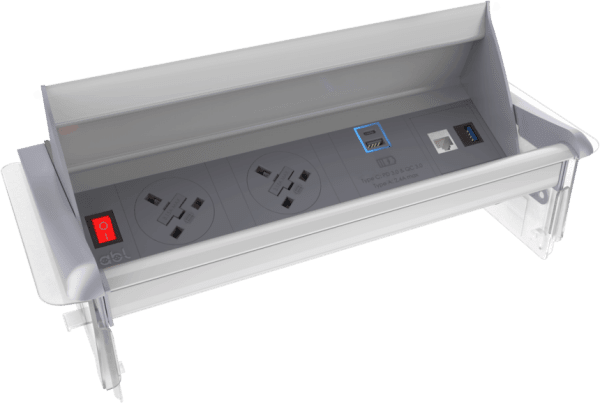 ABL Aero Flip Power Module, Silver Profile - 1x Switch, 3x Sockets 3.15A, 1x USB, 3x IMP