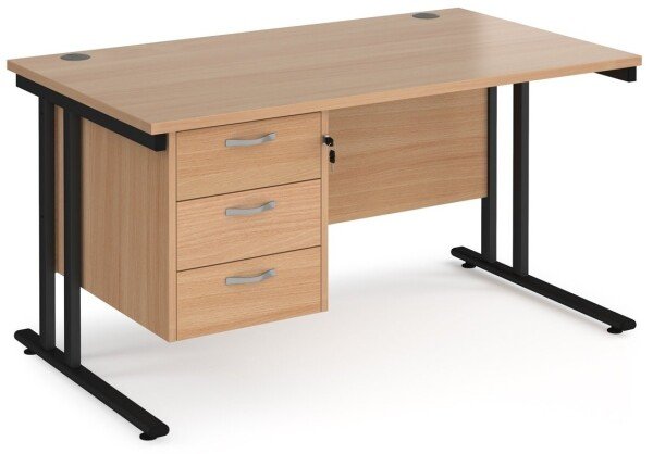 Dams Maestro 25 Rectangular Desk with Twin Cantilever Legs and 3 Drawer Fixed Pedestal - 1400 x 800mm - Beech