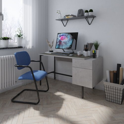 Dams Delphi Home Office Workstation with Integrated Pedestal – Concrete Grey with Black Frame
