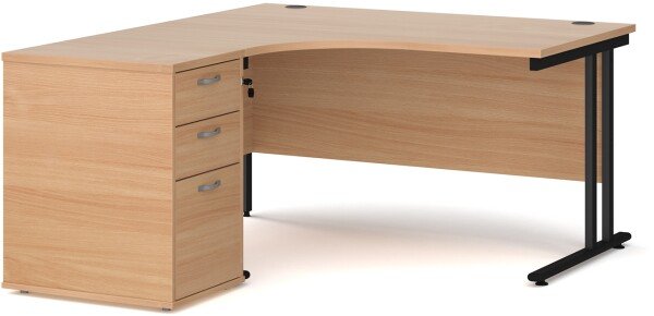 Dams Maestro 25 Corner Desk with Twin Cantilever Legs - 1400 x 1200mm & Desk High Pedestal - Beech