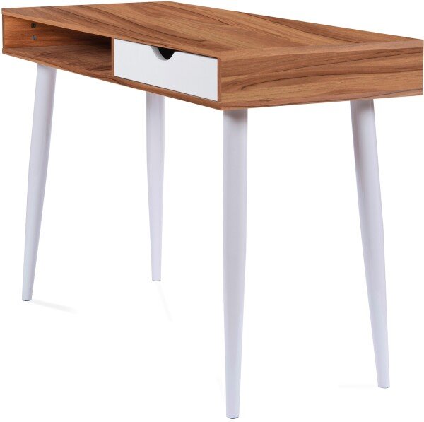 Nautilus Tromso Compact Desk, Stylish Complementing Drawer and Open Storage Compartment - White Legs - Walnut Finish