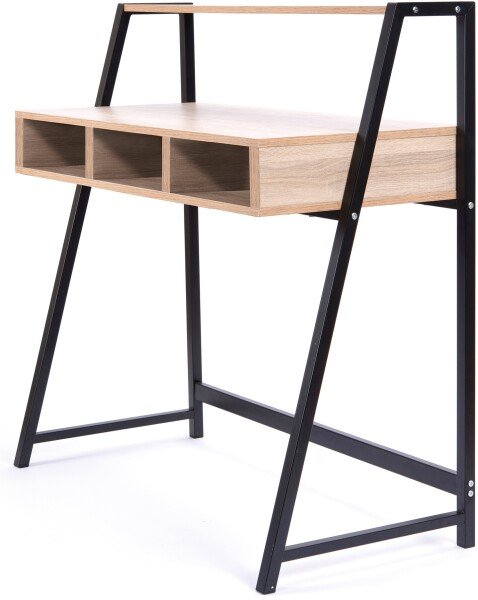 Nautilus Vienna Compact Two Tier Desk with Stylish Feature Frame and Upper Storage Shelf - Black Frame - Oak Finish