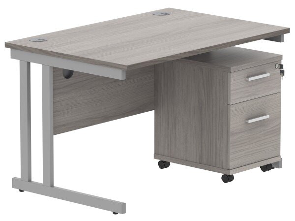 Gala Rectangular Desk - 1200mm x 800mm & 2 Drawer Mobile Under Desk Pedestal - Alaskan Grey Oak