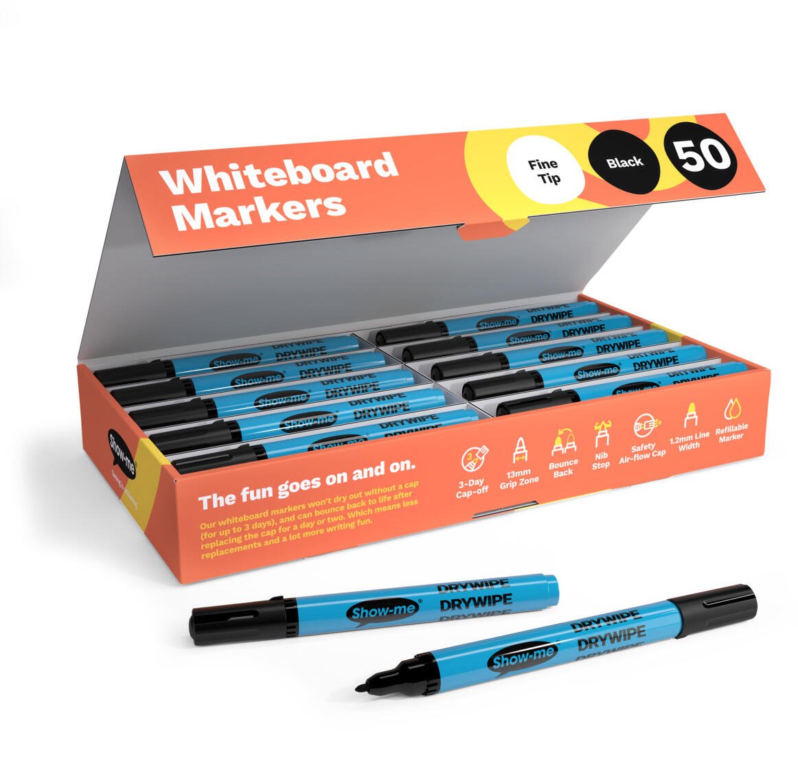 Show-me Box - 50 Fine Point Slim Barrel Whiteboard Markers - Black ...