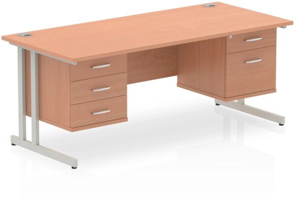 Dynamic Impulse Rectangular Desk with Cantilever Legs, 2 and 3 Drawer Fixed Pedestals - 1600mm x 800mm - Beech