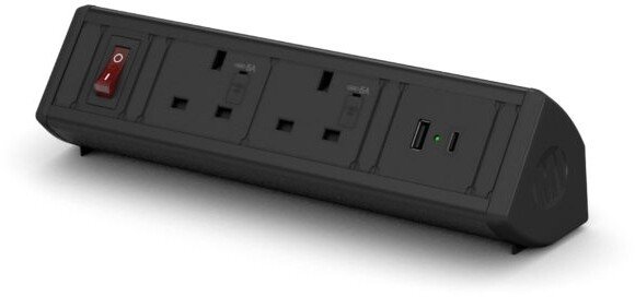 Metalicon Boost Power Module - 2 Mains Power Sockets, 1 USB-A, 1 USB-C Charge Socket - Black