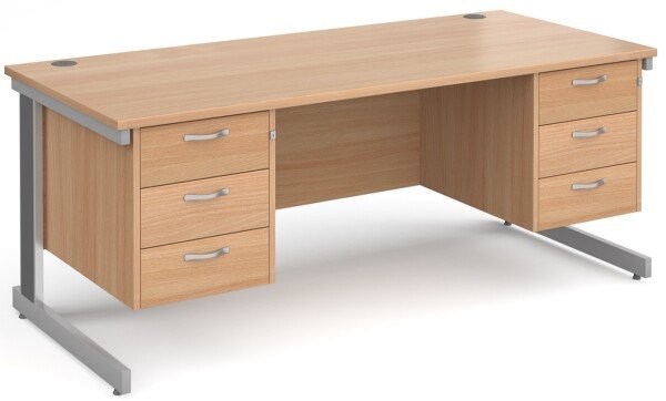 Gentoo Rectangular Desk with Cable Managed Legs, 3 and 3 Drawer Fixed Pedestals - 1800mm x 800mm - Beech