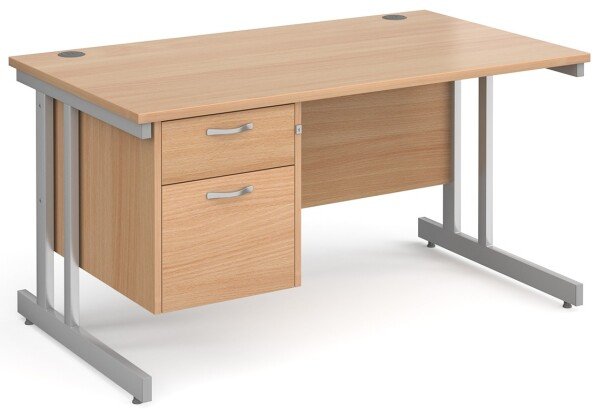 Gentoo Rectangular Desk with Twin Cantilever Legs and 2 Drawer Fixed Pedestal - 1400 x 800mm - Beech