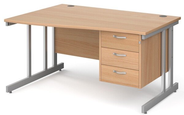 Gentoo Wave Desk with 3 Drawer Pedestal and Double Upright Leg 1400 x 990mm - Beech