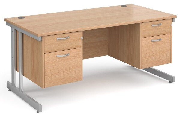 Gentoo Rectangular Desk with Twin Cantilever Legs, 2 and 2 Drawer Fixed Pedestals - 1600 x 800mm - Beech