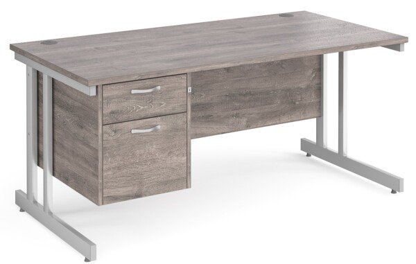 Gentoo Rectangular Desk with Twin Cantilever Legs and 2 Drawer Fixed Pedestal - 1600 x 800mm - Grey Oak