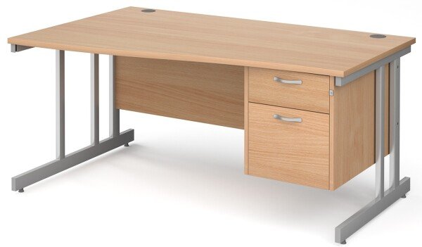 Gentoo Wave Desk with 2 Drawer Pedestal and Double Upright Leg 1600 x 990mm - Beech
