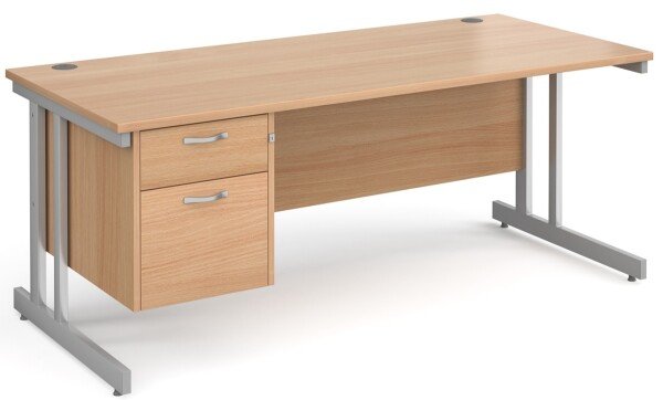 Gentoo Rectangular Desk with Twin Cantilever Legs and 2 Drawer Fixed Pedestal - 1800 x 800mm - Beech