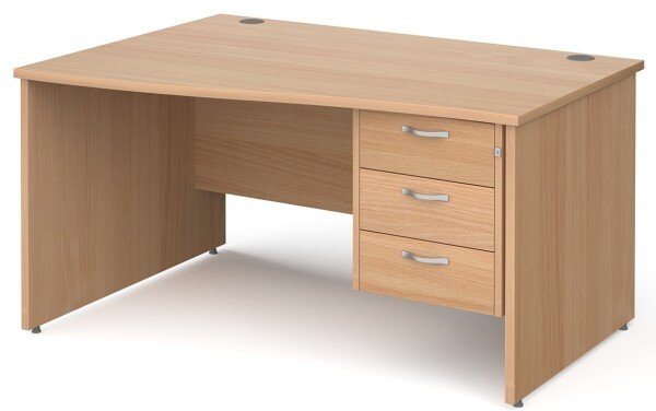 Gentoo Wave Desk with 3 Drawer Pedestal and Panel End Leg 1400 x 990mm - Beech