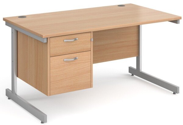 Gentoo Rectangular Desk with Single Cantilever Legs and 2 Drawer Fixed Pedestal - 1400mm x 800mm - Beech
