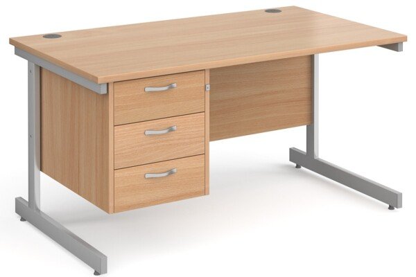 Gentoo Rectangular Desk with Single Cantilever Legs and 3 Drawer Fixed Pedestal - 1400mm x 800mm - Beech