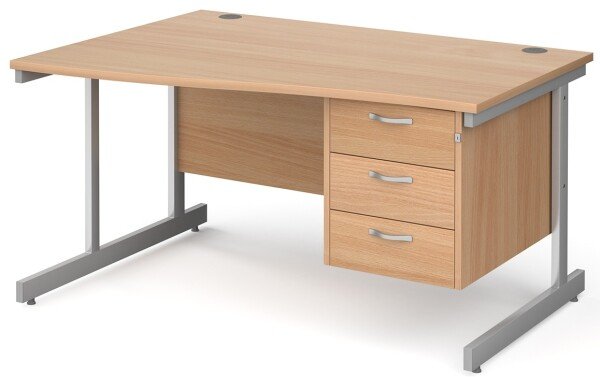 Gentoo Wave Desk with 3 Drawer Pedestal and Single Upright Leg 1400 x 990mm - Beech