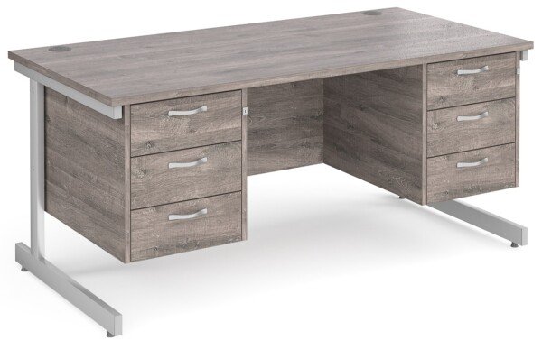 Gentoo Rectangular Desk with Single Cantilever Legs, 3 and 3 Drawer Fixed Pedestals - 1600mm x 800mm - Grey Oak