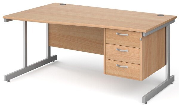 Gentoo Wave Desk with 3 Drawer Pedestal and Single Upright Leg (w) 1600mm x (d) 990mm - Beech