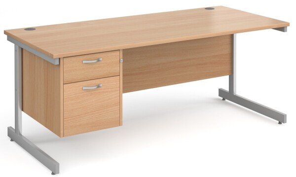 Gentoo Rectangular Desk with Single Cantilever Legs and 2 Drawer Fixed Pedestal - 1800mm x 800mm - Beech