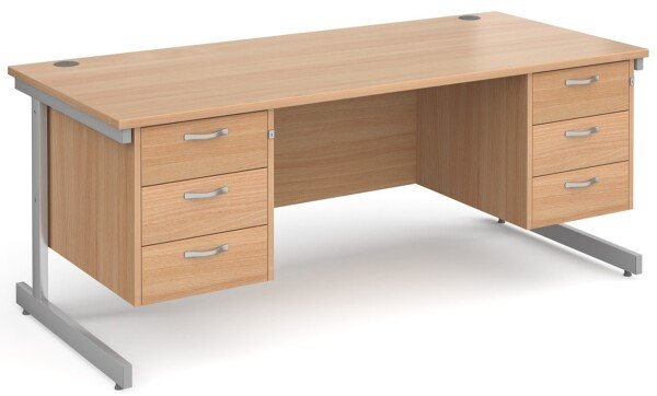 Gentoo Rectangular Desk with Single Cantilever Legs, 3 and 3 Drawer Fixed Pedestals - 1800mm x 800mm - Beech