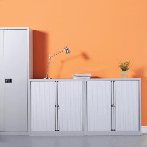 Bisley Systems Storage Low Tambour Cupboard 1000mm High - Silver with Beech Doors