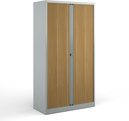 Bisley Systems Storage High Tambour Cupboard 1970mm - Silver with Beech Doors
