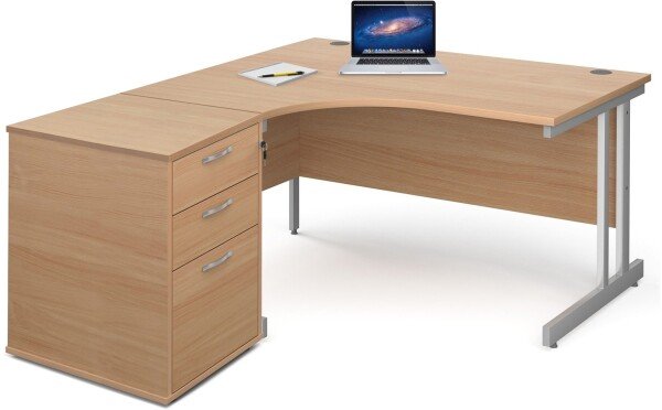 Gentoo Corner Desk with Twin Cantilever Legs - 1400 x 1200mm & Desk High Pedestal - Beech