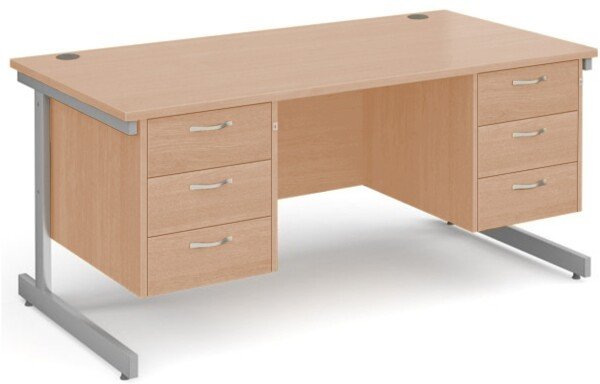 Gentoo Rectangular Desk with Single Cantilever Legs, 3 and 3 Drawer Fixed Pedestals - 1600mm x 800mm - Beech