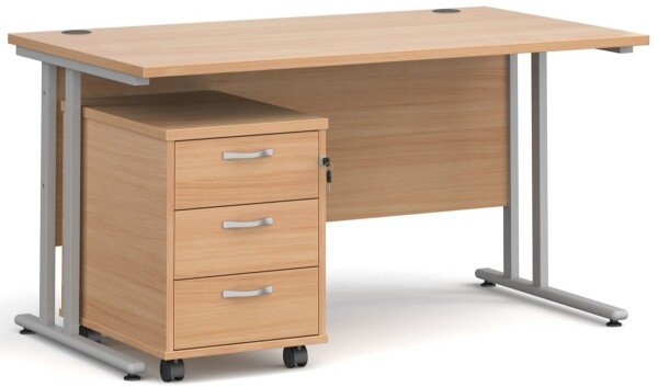 Dams Maestro 25 Rectangular Desk with Twin Cantilever Legs and 3 Drawer Mobile Pedestal - 1400 x 800mm - Beech